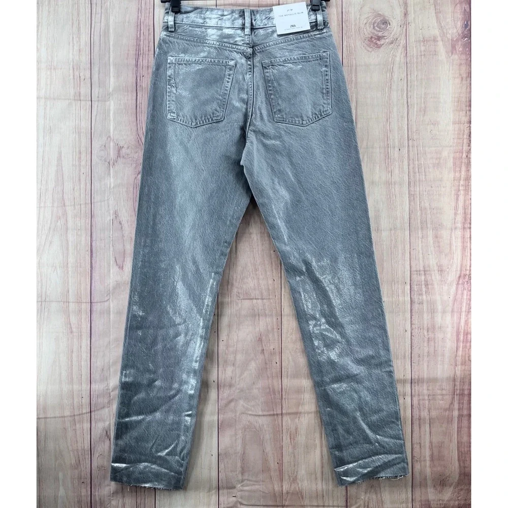 ZARA Metallic‎ Slim Fit Mid Rise Jeans Silver Women Size 2 34